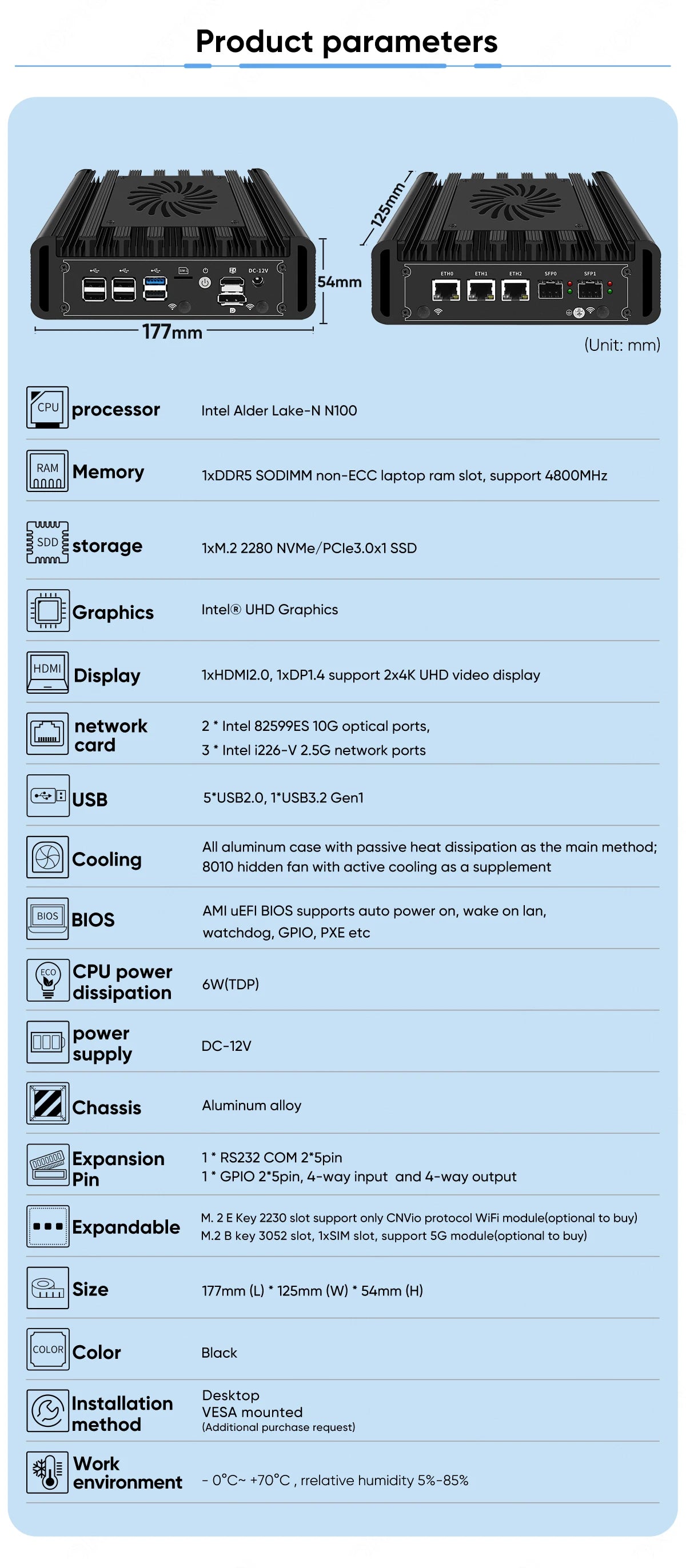 2x10G SFP+ Solid Firewall Mini PC 3x2.5G i226-V Lans Intel i3 N300 N150 N100 DDR5 NVMe Proxmox pfSense OPNsense Home Server Host