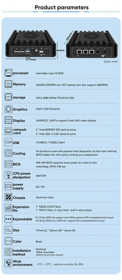 2x10G SFP+ Solid Firewall Mini PC 3x2.5G i226-V Lans Intel i3 N300 N150 N100 DDR5 NVMe Proxmox pfSense OPNsense Home Server Host