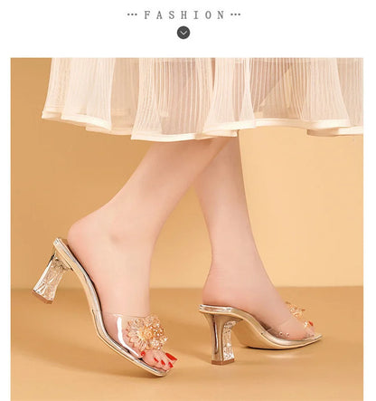 2023 Summer Square Head Open Toe Fashion Transparent Soft Flower Women's Slippers Crystal Heel New High Heel Sandals