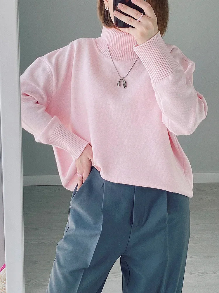 Winter Pink Turtleneck Sweaters Women Oversized Autumn Warm Women's Jumper Loose Basic White Turtleneck For Women Pullovers