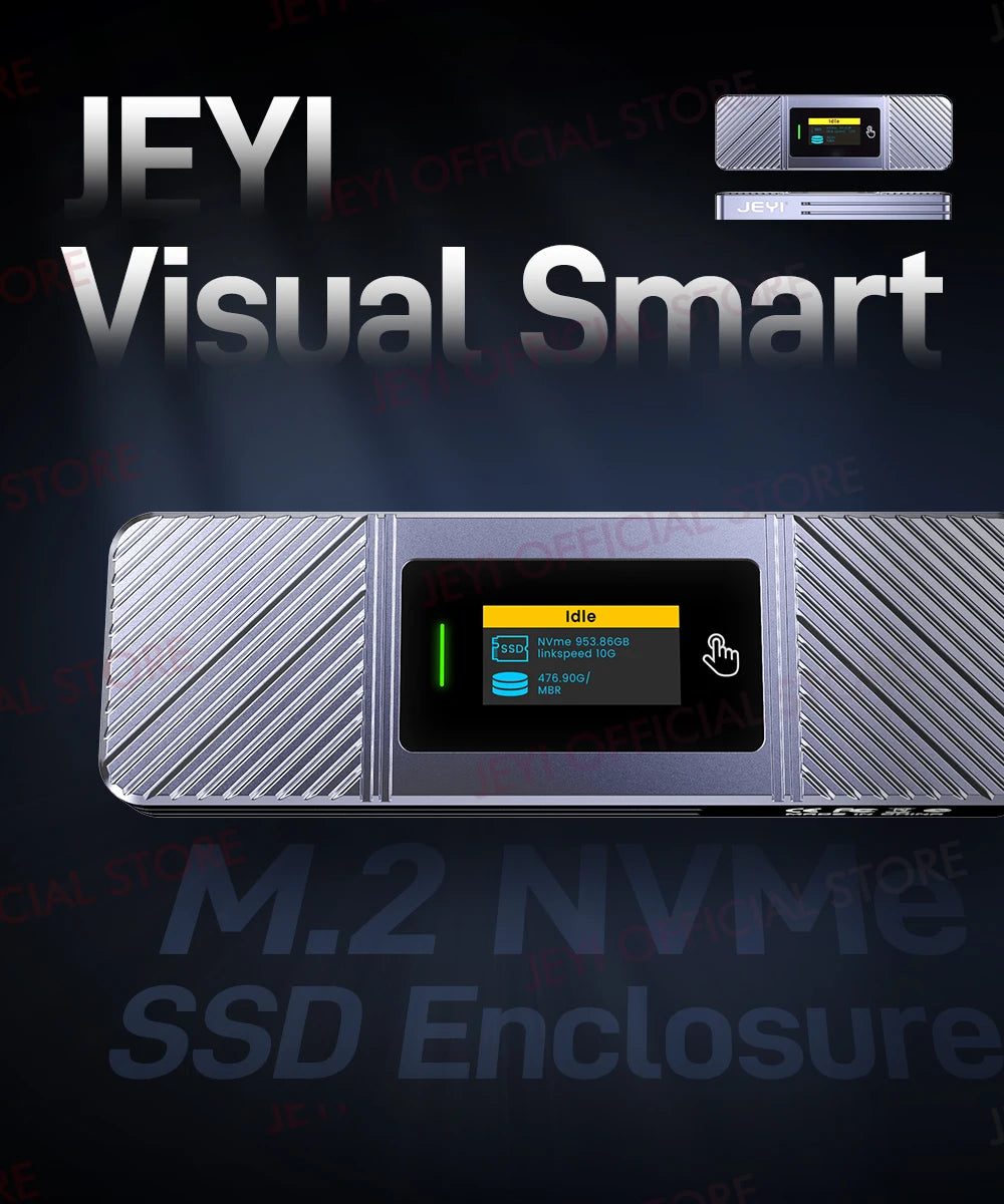 JEYI Visual Smart M.2 NVMe NGFF SSD Enclosure, Supports 5s Write Protection, 3s Re-connect, USB 3.2 Gen2 10Gbps, UASP Trim