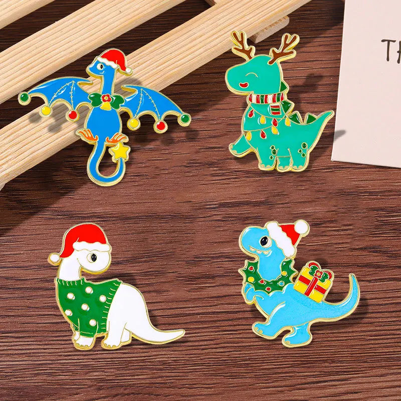 4pcs Cute Cartoon Dinosaur Enamel Brooch Creative Christmas Day Holiday Gift Lapel Pin Badge Backpack Clothing Hat Accessories