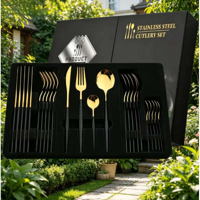 24Pcs Stainless Steel Cutlery Set Black Handle Golden Dinnerware Knife Fork Spoon Kitchen Tableware Gift Set