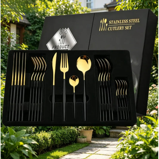 24Pcs Stainless Steel Cutlery Set Black Handle Golden Dinnerware Knife Fork Spoon Kitchen Tableware Gift Set