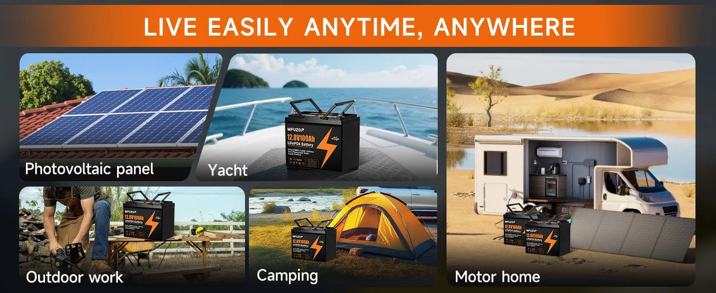 MFUZOP 12V100ah Portable Rechargeable LiFePO4 Battery Built in Smart BMS Deep Cycle 10000+ for RV Solar No VAT