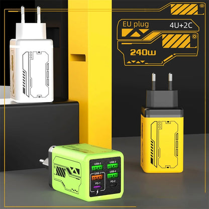 240W 6 in 1 USB C Charger Fast Charging PD3.0 QC3.0 Mobile Phone Travel Wall Adapter for iPhone17 Samsung Xiaomi Huawei EU UK US