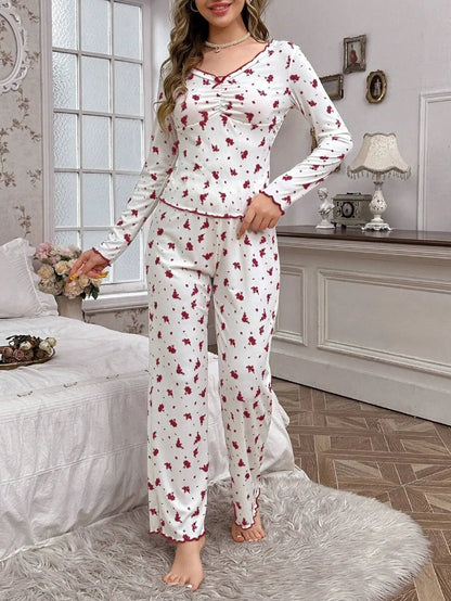 Women Pajamas Set Autumn Winter Sleepwear Round Neck Floral Printed Long Sleeve Tops and Trousers Home Wear Loungewear