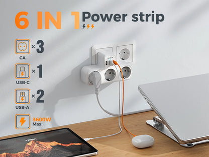 Tessan Multiple EU Standard USB Socket Wall Socket 6 in 1 Plug Socket with 3 AC Outlets with USB Charging Ports for Home Office