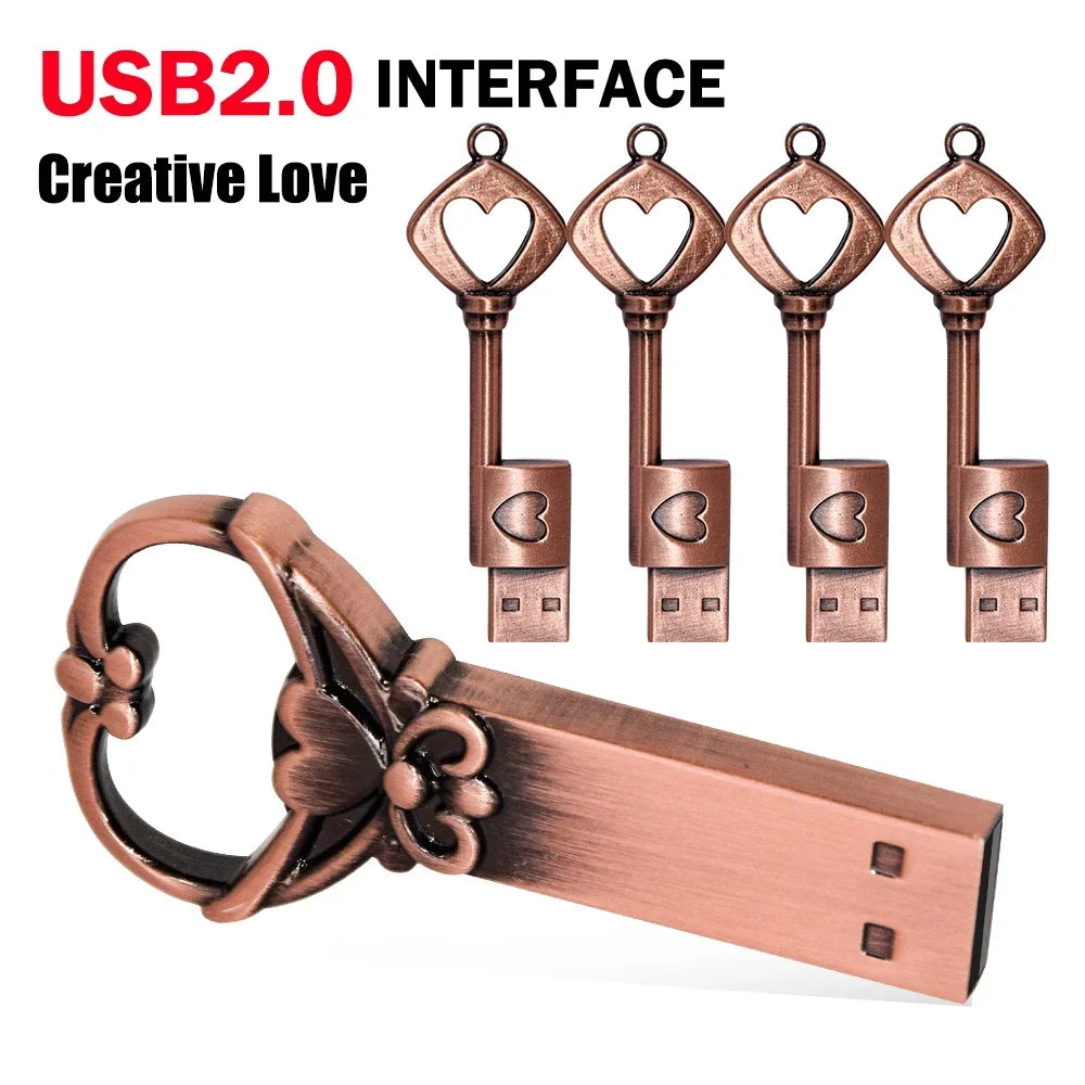 10pcs/lot Copper Love Heart Pen Drive 128GB Metal USB 2.0 Flash Drive 64GB Key Memory Stick Creative Gift Pendrive 64GB Storage