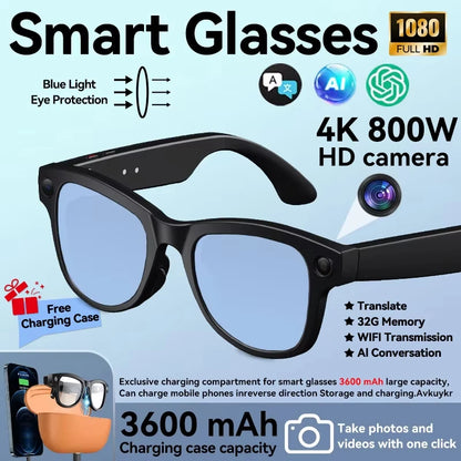 2026 New 8MP Camera Smart AI Glasses 3600mAh Charging Case Power Bank 1080P HD Camera ChatGPT 32GB Translation Video Sunglasses