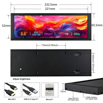 Wisecoco 11.3/8.8/7.84 inch HD IPS Secondary Screen Type-C for Laptop Computer Temperature DIY Aida64 CPU GPU Monitor