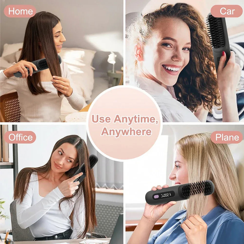 Rechargeable Hair Straightener Brush with 20s Fast Heating and 3 Temp Settings, Straightening Comb with Negative Ions for Women