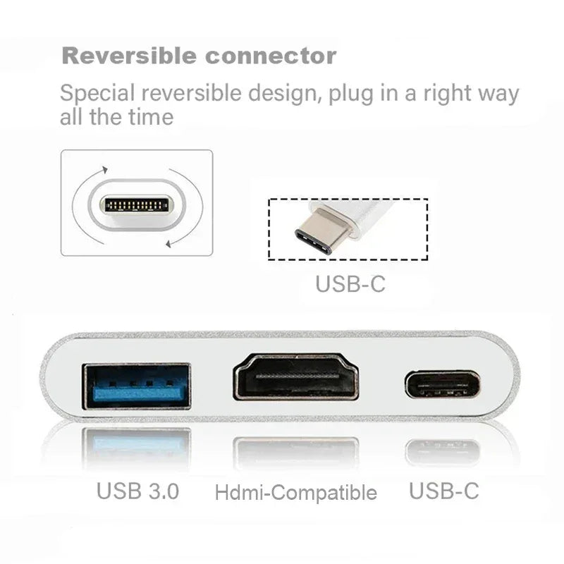 USB Type C HUB Converter 3 IN 1 4K USB C To USB3.0 PD Fast Charging HDMI-compatible Splitter Smart type C Adapter For Macbook
