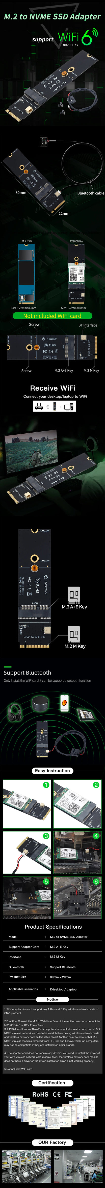 FENVI NGFF M.2 A+E Key To NVMe PCI Express SSD Port Converter Adapter F-C228NV For AX200 AX210 8265 7260AC WiFi BT Wireless Card