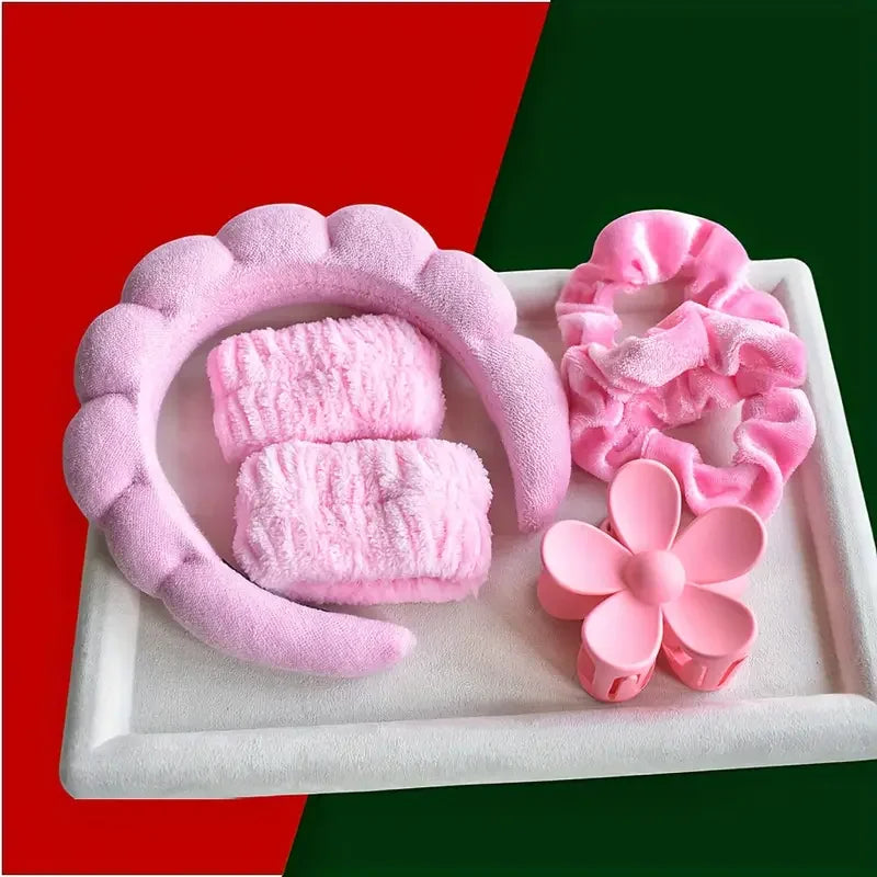 6pcs/set Women's SPA Hairband Set, Headband Hair Hoop Claw Clip Velvet Hair Hoop Wristband For Washing Face Skincare Makeup Wear