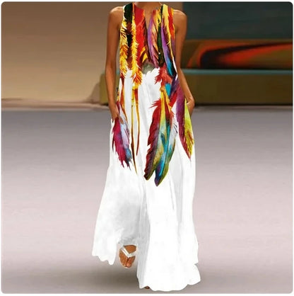 Sleeveless Feather Printed Dress Bohemian Vest Dresses Trendy Beach Casual Loose Robe Colorful Summer