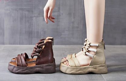 Koznoy 8cm Natural Genuine Leather Sandals Boots Flats Platform Wedge Summer Women Hollow Pumps Peep Toe Booties Mary Jane Shoes