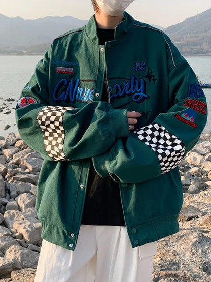 Embroidery Fashion Streetwear Racer Jackets Men Women Y2K HipHop Motorcycle Plaid Vintage Bomber Harajuku Autumn Jackets Coat
