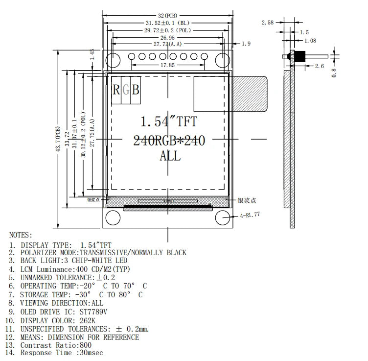1.54 Inch 1.54" Full Color TFT Display Module HD IPS LCD LED Screen 240x240 SPI Interface ST7789 For Arduino