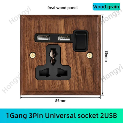 Black walnut retro European retro wall lamp switch socket, solid wood brass toggle switch board 1-4Gang 2Way antique home switch