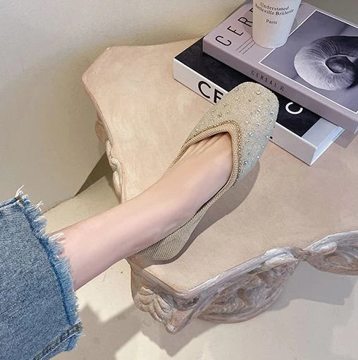 Shoes for Woman 2025 Diamond Flats Women's Summer Footwear Flat Square Toe Pink with Crystals Rhinestone Office 39 Beau Today E