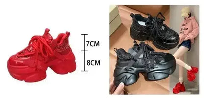 8CM Women Bling Red Chunky Sneakers Winter High Platform Warm Fur Shoes Ladies Wedges Casual Dad Shoes Leather Sports Sneakers