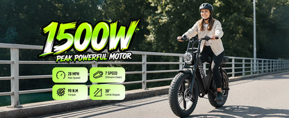 TST R00C 1500W Electric Bike, 48V 15Ah, 28 MPH, 50-60 Miles Range, 20" Fat Tires, Rear Seat