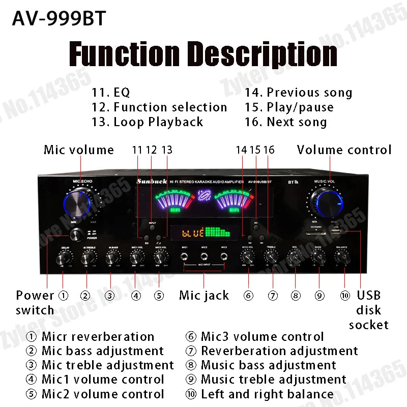 AV-555BT/999BT Max 4000W Bluetooth Sound Amplifiers Dual Dynamic Screen HiFi Digital Stereo Amplify For Home Car Theatre Karaoke