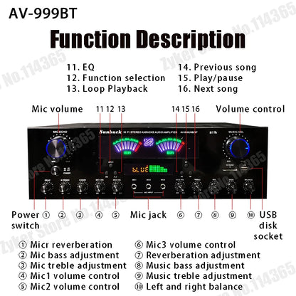 AV-555BT/999BT Max 4000W Bluetooth Sound Amplifiers Dual Dynamic Screen HiFi Digital Stereo Amplify For Home Car Theatre Karaoke