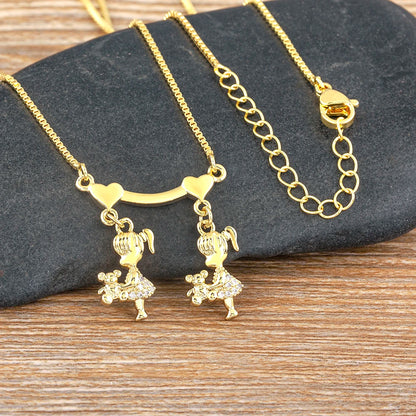 Nidin Exquisite Gold Plated Mom Daughter Necklace Girl Boy Pendant Chain Choker Cubic Zirconia Jewelry Mother's Day Gift