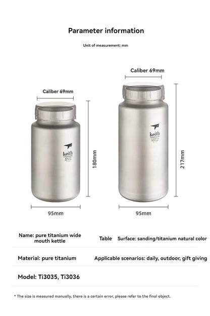 Keith Titanium Sports Bottle 0.9L/1.2L Large Capacity Kettle Outdoor Camping Drinkware Wide Mouth Non-threaded Water Bottle