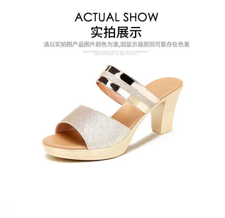 women's sandals summer 2024 Ladies Sequin Fabric High Heels Buckle Cool woman sandals Summer Casual Open Toe slippers Ladies