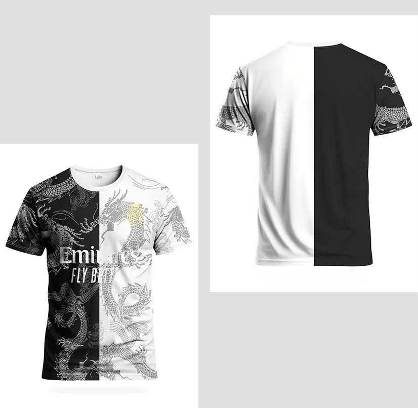 Men's Dragon-Pattern Sports T-Shirt Black And White Split Design Is Comfortable And Breathable Suitable For Training And Leisure