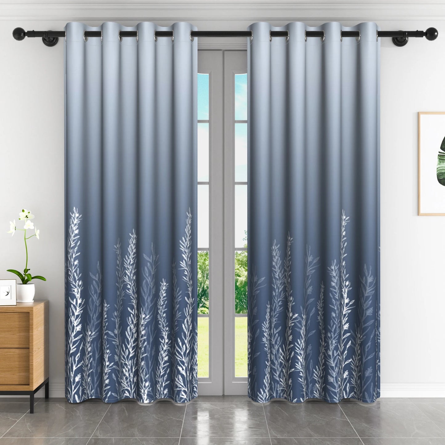 2pcs/set Solid Color Gradient Window curtains Bottom Leaf Print Thermal Insulated Polyester Bedroom Living Room Blackout Curtain