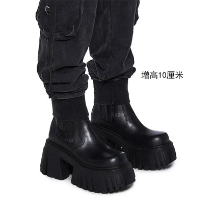 Super High Chunky Heel Platform Chelsea Women's Autumn Small Elevator Ankle Thin Smoke Pipe Genuine Leather Boots