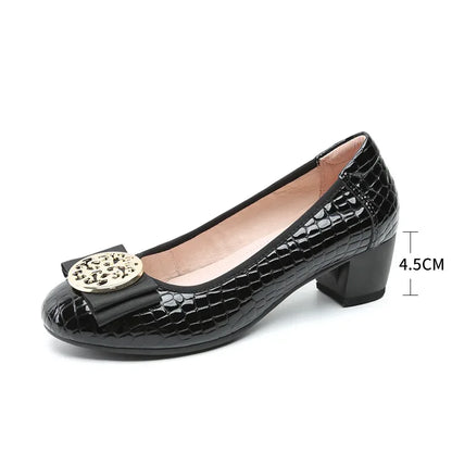 Spring and Autumn Boat Shoes Genuine Leather Soft Sole Mid-Heel Shoes Bow Heels Ladies Women Womens Round Toe Slip-on Women's 42
