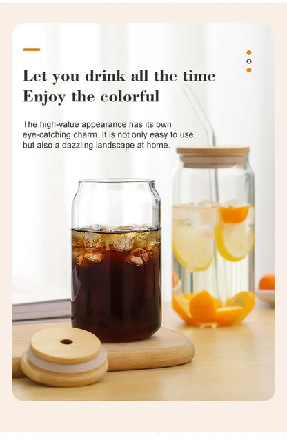 Glass Cup With Straw and Bamboo Lid Transparent Bubble Tea Cup Cold Drinking Glasses Iced Coffee Mug Beer Can Juice Milk Cup