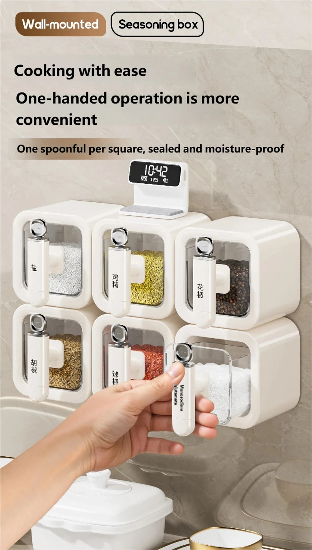 Non perforated seasoning box, seasoning storage container with spoon, spice jar, chili spice, kitchen organizer