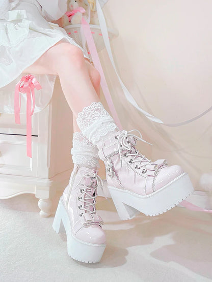 Japanese Mine Lolita Short Boots for Women Mass Production Love Rhinestone Buckle Bow Round Head Platform Boots Sweet Shoes