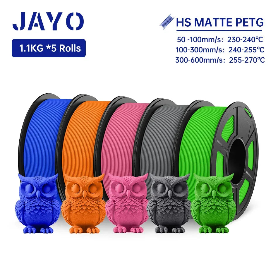 JAYO PETG 3D Filament 1.75MM High Speed PETG 3D Printer Filament 5Rolls High Flow Speedy Matte Effect 3D Printing Mateials