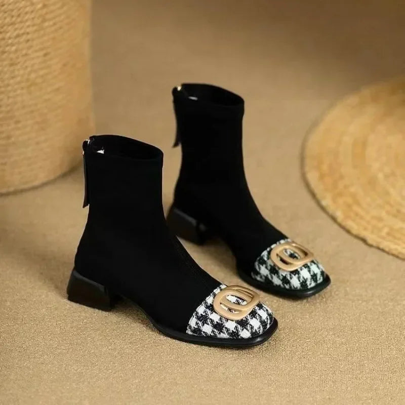 Women Mid Heels Chelsea Boots Chunky Suede Ankle Shoes Winter 2024 Fashion New Zipper Boots Pumps Walking Punk Warm Sock Botas
