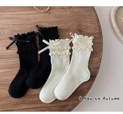 Korean Fashion Lace Lolita Calf Sock for Kids Girl Beige Black Color Ruffle Bow Children Calf Sock Spring Autumn Cotton Sock