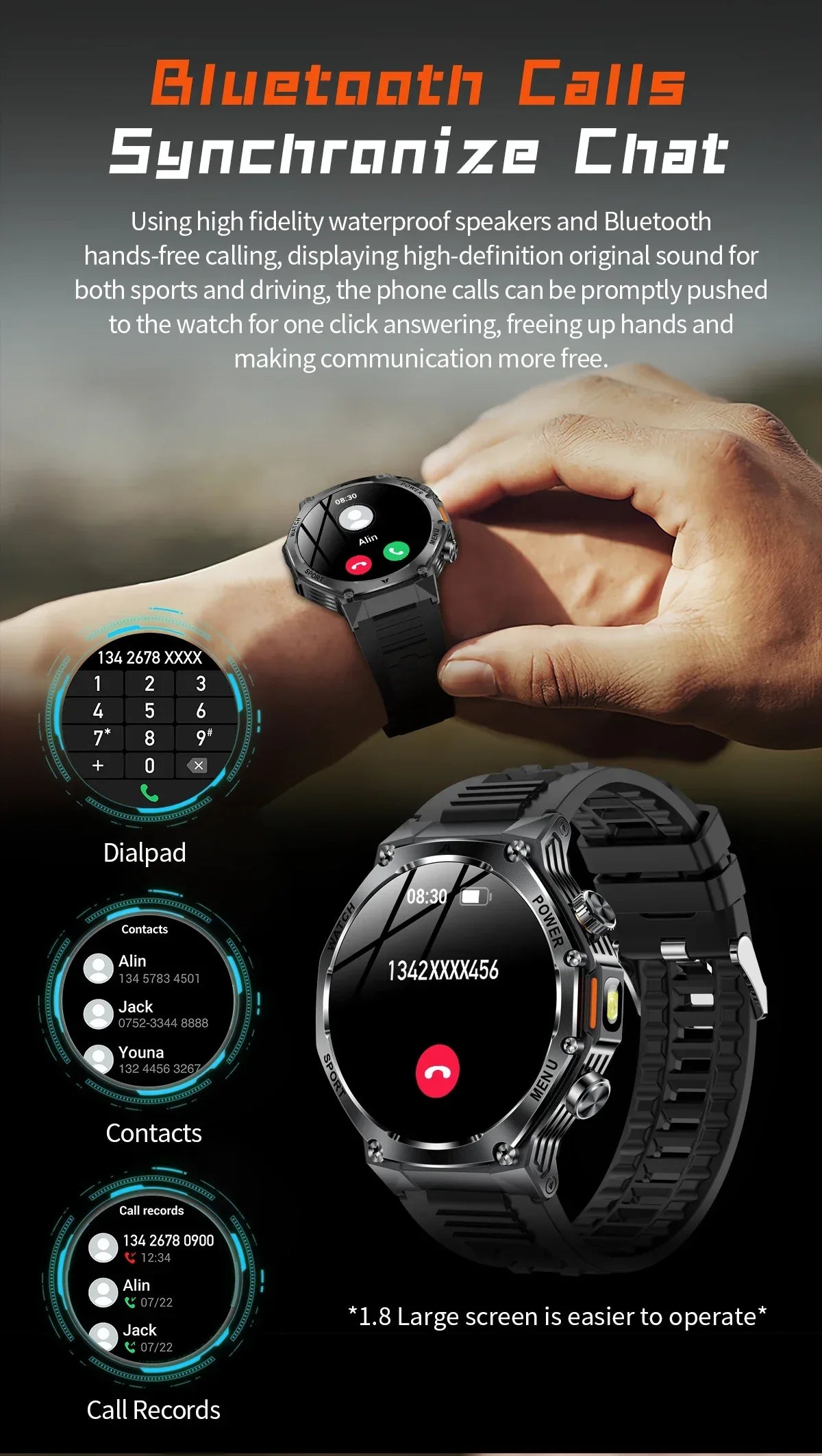 2026 800mAh Super Capacity Battery Adult Men Smart Watch 1.8-inch Large Screen Bluetooth Call IP68 Waterproof SmartWatch Sports
