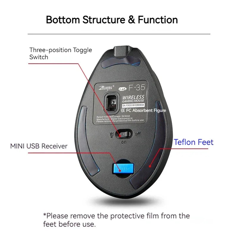 Zelotes F-35 Wireless Gaming Mouse Vertical Rechargeable 6 Key Mice 2.4G 3 Level DPI Adjustable Office/Gaming Computer Mouse