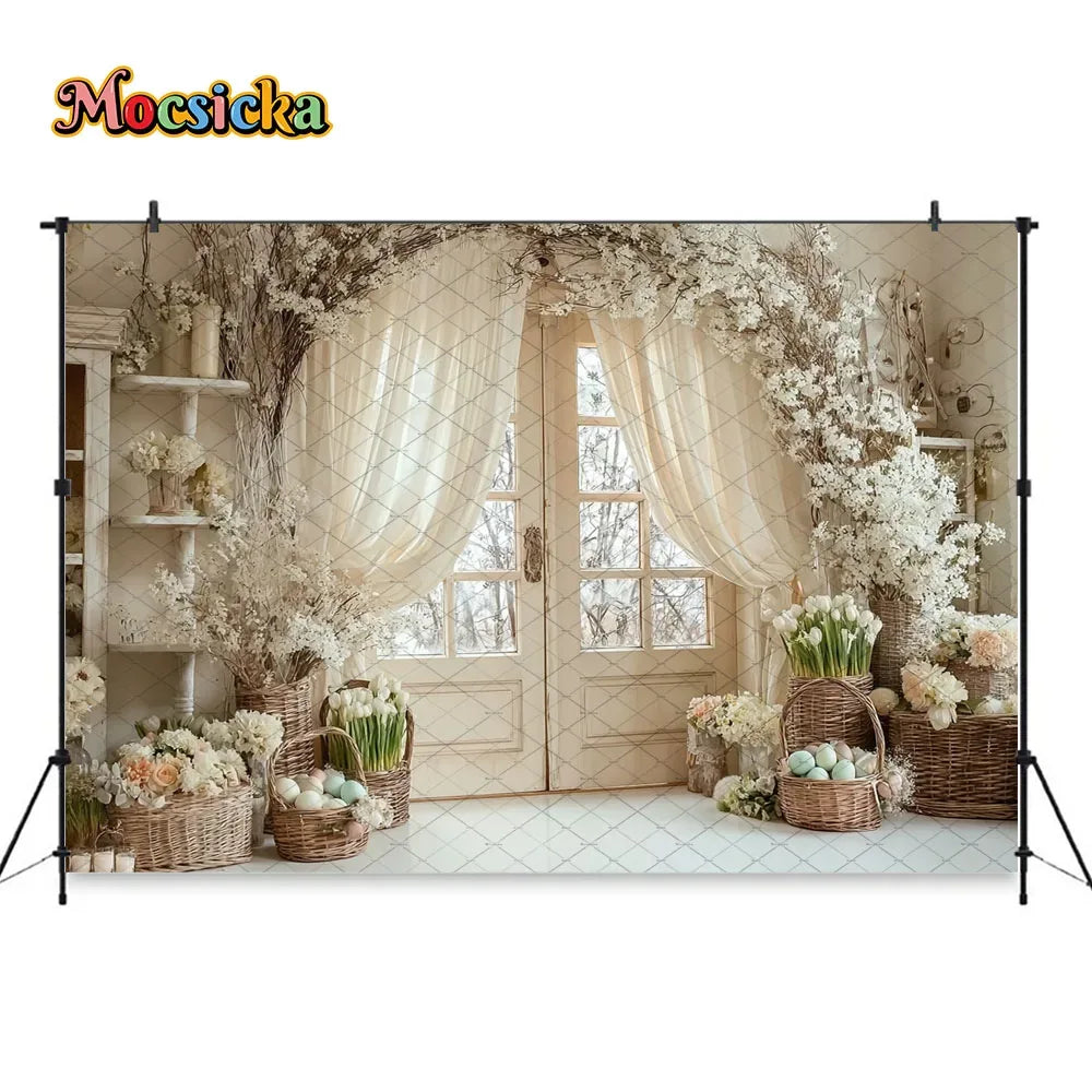Mocsicka Spring Easter Background Photography White Retro Door Colorful Egg Floral Backdrop Maternity Newborn Photozone Studio