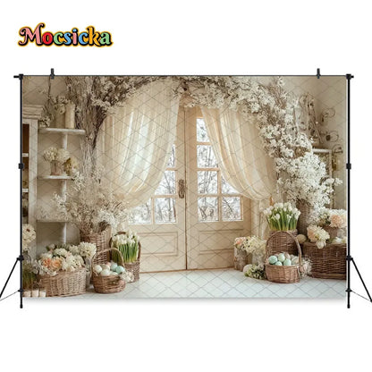 Mocsicka Spring Easter Background Photography White Retro Door Colorful Egg Floral Backdrop Maternity Newborn Photozone Studio
