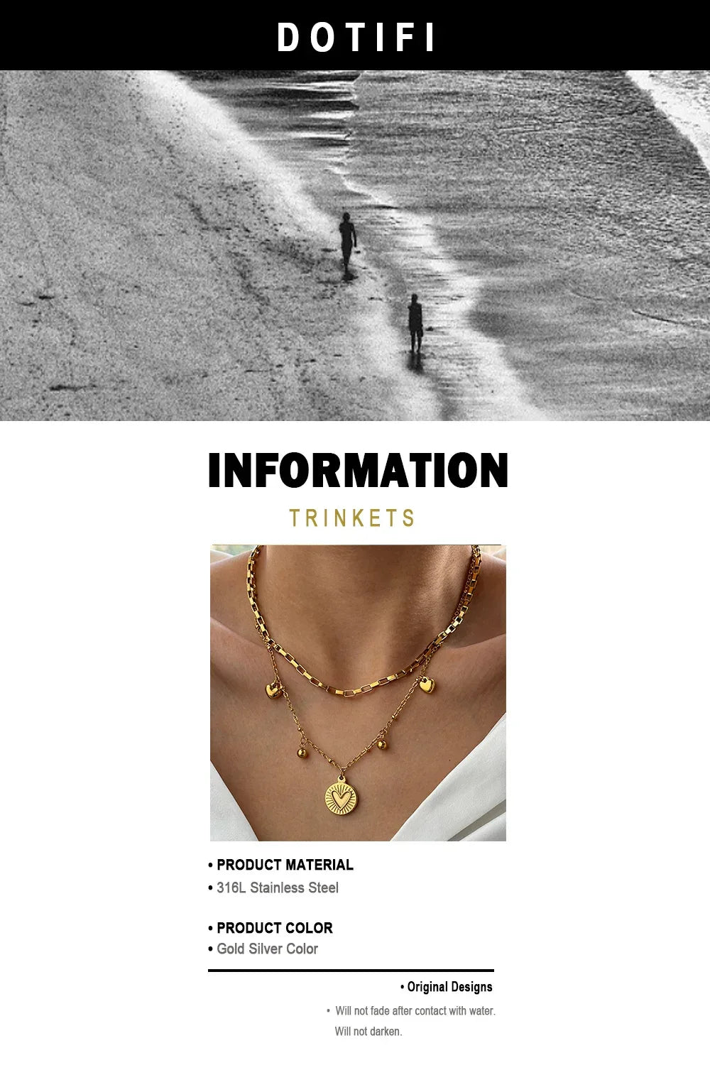 woiwoi Stainless Steel Necklace Luxury Exquisite Peach Heart Double Layer Bone Chain Ladies Jewelry Birthday Anniversary Gift