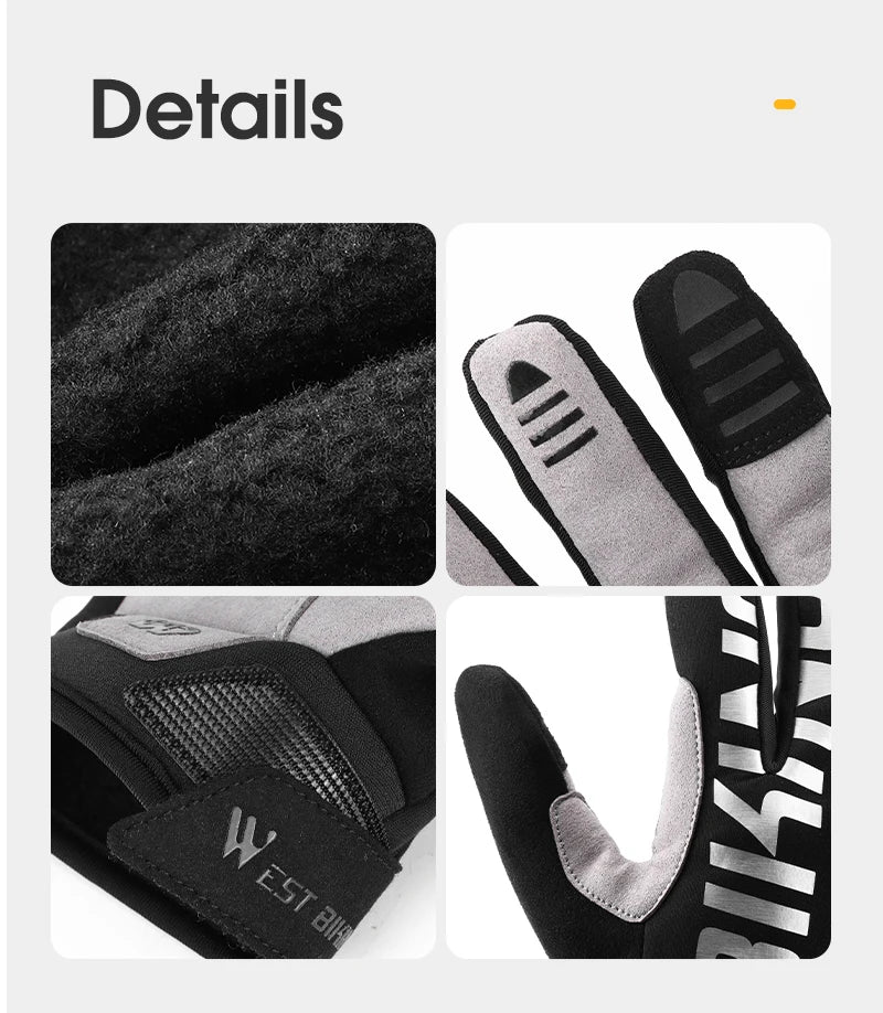 WEST BIKING Winter Warm Cycling Gloves Reflective MTB Road Bicycle Men's Windproof Thermal Anti-slip Touch Screen Sports Gloves