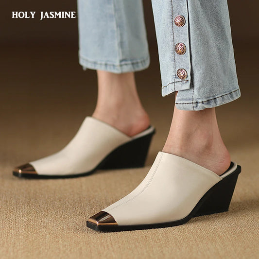2025 New Ladies Genuine Leather Metal Head Mules Fashion Med Chunky Heels Summer Wedges Slippers Women Casual Office Shoes Woman by PDG ibma