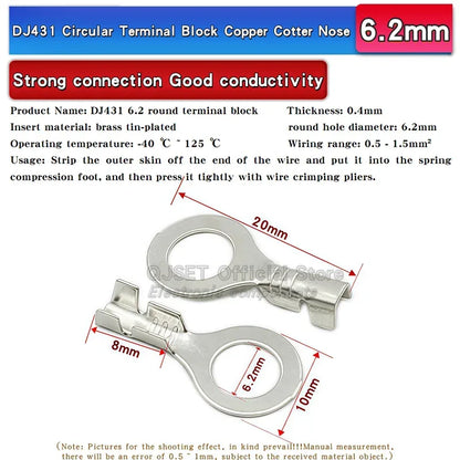 100PCS Circular Terminal Blocks DJ431 O-ring lugs Cold pressed connectors Copper lugs Terminal blocks Open ended bare ends 6.3mm